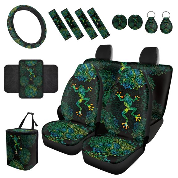 Eheartsgir Green Frog Mandala Car Seat Cover Full Set with Steering Wheel Cover,15 Pack Boho Auto Interior Accessories for Women Seat Belt Cover Center Console Protector Car Trash Can Universal Fit