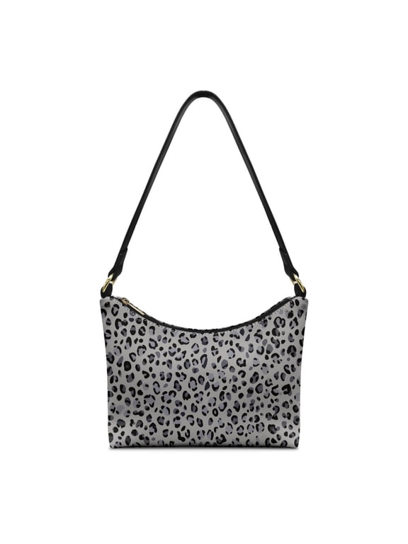 Grey Leopard Print Theme Crescent Underarm Bag, Casual Underarm Sling Bag for Women PU Leather Zipper Closure Hobo Purse Tote Bag for Travel Work