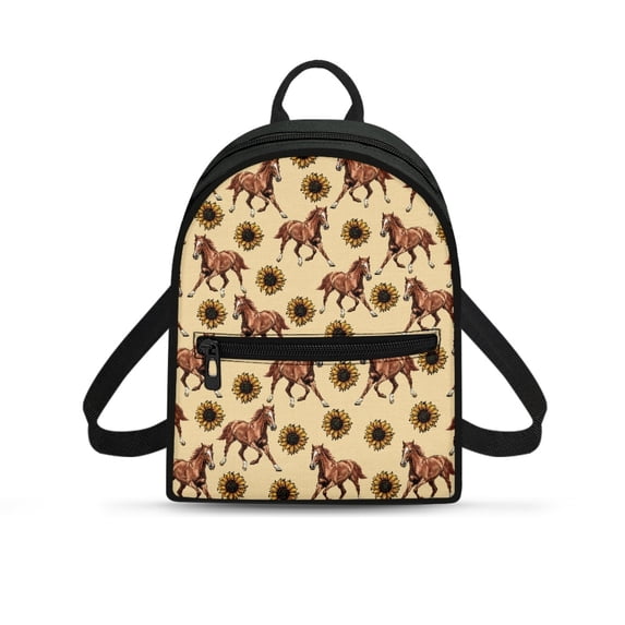 Eheartsgir Horse and Sunflower Pattern Small Backpack, Practical Polyester Casual Daypack for Work Travel, Front Pocket Womens Mini Backpack