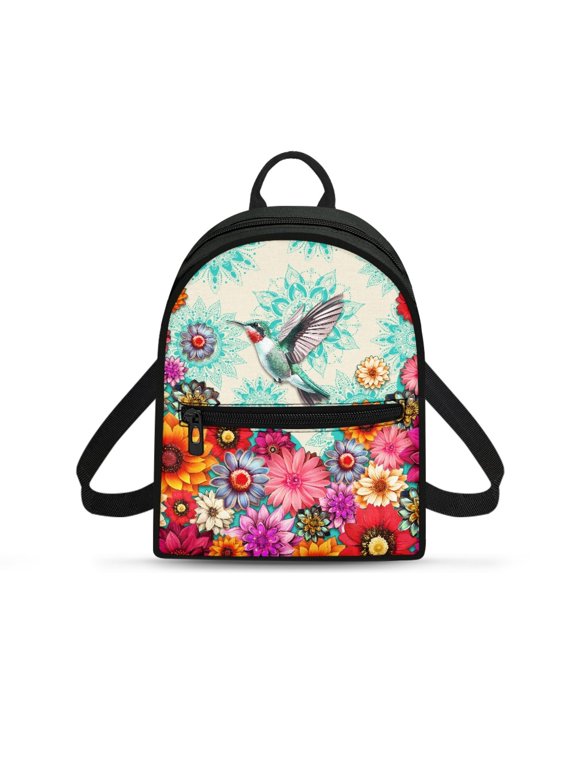 Hummingbird Floral Pattern Mini Backpack for Work Hiking, Adjustable Strap Womens Travel Backpack Polyester Lightweight Small Backpack