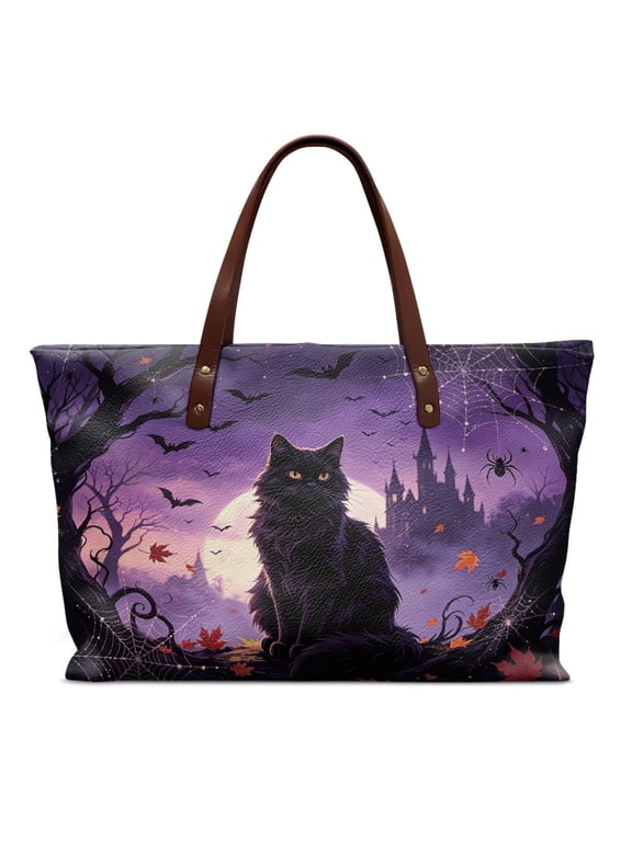 Inner Pocket Top Handle Tote Bag for Travel Daily, Halloween Black Cat Pattern Top Zipper Tote Handbag with Lightweight