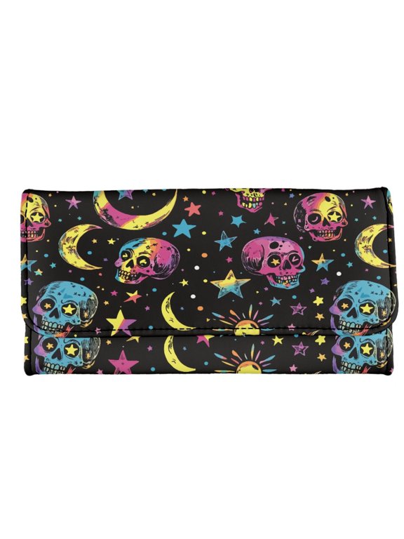 Leather Long Wallet with Large Capacity with Pocket Trifold Wallet for Office, Colorful Celestial Skull Pattern Women's Trifold Wallet