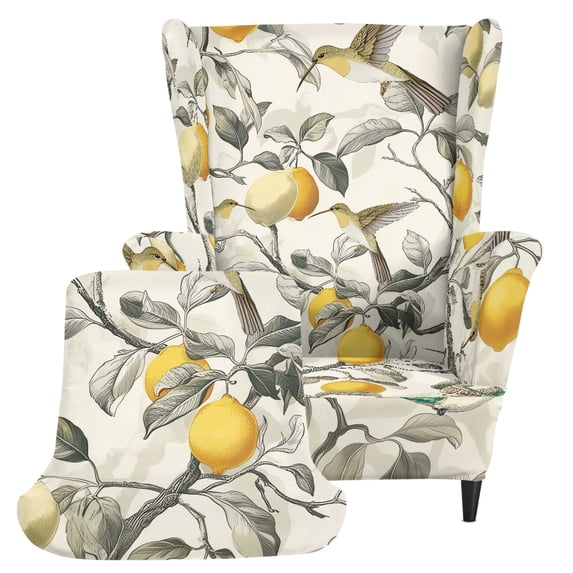 Eheartsgir Lemon Hummingbird Print Spandex Single-Seat Wingback Armchair Covers with Anti-Scratch, Washable Wingback Chair Slipcover for Living Room Hotel
