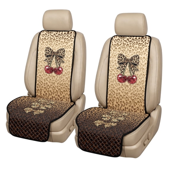 Eheartsgir Leopard Cherry Bow Print Car Front Seat Covers for Universal Fit, Non Slip Comfortable Quilted 2 Pack Polyester Vehicle Seat Protector for Pets and Daily Use