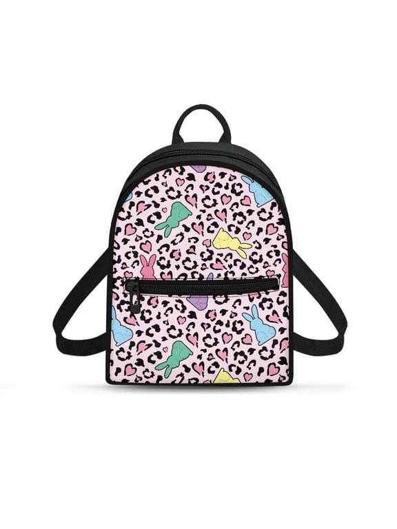 Leopard Print with Colorful Bunny & Heart Small Backpack, Waterproof Polyester Mini Backpack for Walk Shopping, Water-Resistant Travel Shoulder Bags