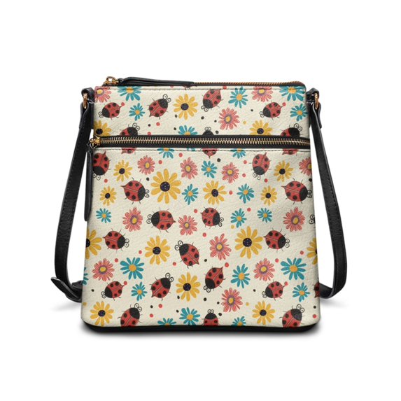 Eheartsgir Lightweight Sling Bag for Travel Daily Outings, Durable Zipper Water-Resistant PU Leather Crossbody Purse, Ladybug & Daisy Floral Pattern