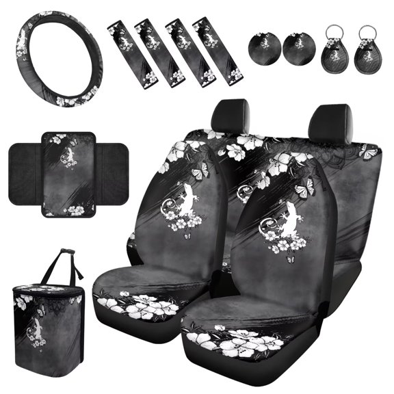 Eheartsgir Lizard Floral Print 15 Pieces Car Seat Cover Full Set Car Interior Accessories Set with Steering Wheel Cover Car Trash Can Shoulder Pads Coaster Armrest Covers Keychain Universal Fit