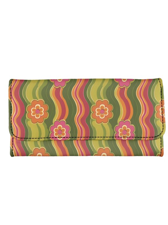 Long Tri-Fold Wallet Retro Floral Wavy, Multi Slot Wallet Purse for Daily Use, PU Leather Portable Clutch Trifold Purses for Travel and Leisure