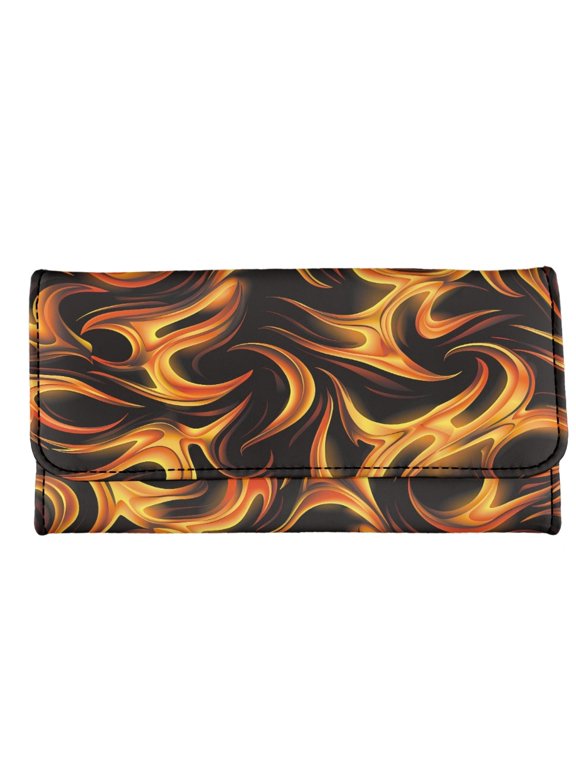 Long Wallet Orange Flame Pattern Large Capacity Trifold Wallet for Traveling, PU Leather with Pocket Women's Trifold Wallet