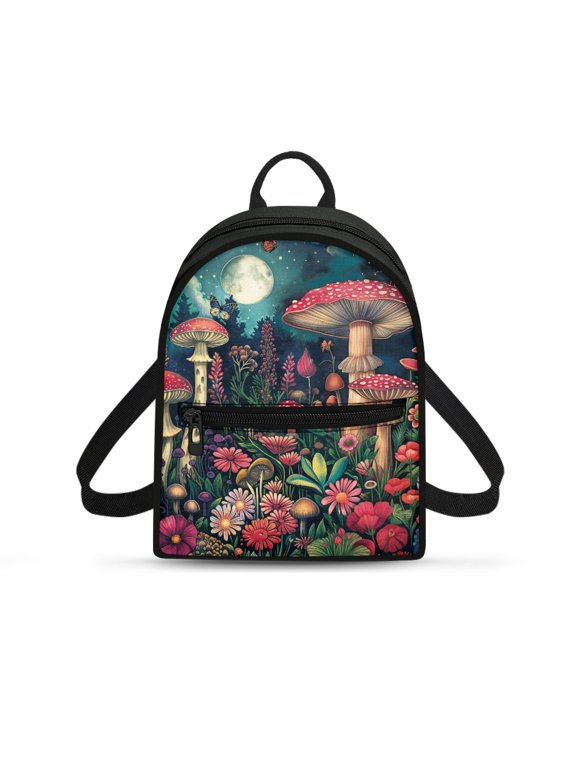 Mushroom Forest Print Travel Shoulder Bags Front Pocket Mini Bags for Dating Vacation, Polyester Lightweight Mini Backpacks