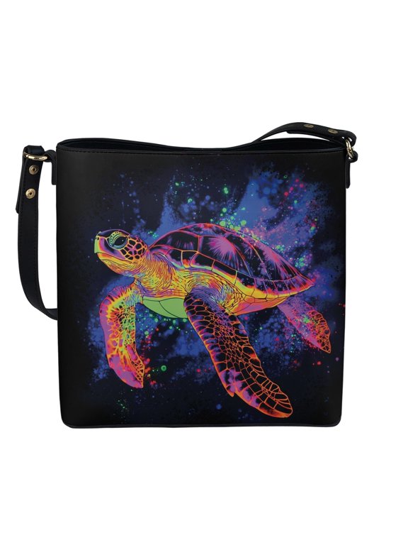 Neon Turtle Space PU Fabric Crossbody Bag, Bucket Crossbody Bag with Waterproof Crossbody Shoulder Purse for Travel Daily
