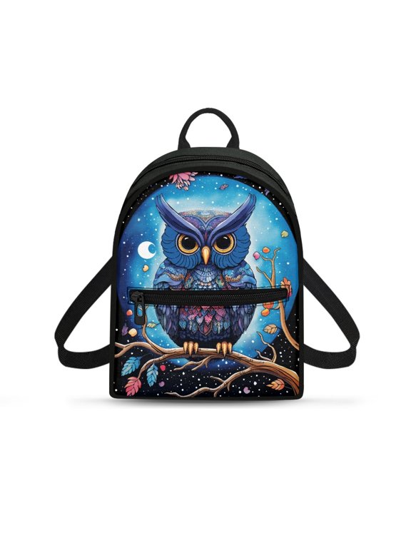 Owl Flower Pattern Small Backpack, Light Polyester Mini Backpack for Everyday Carry Travel, Zipper Pocket Travel Shoulder Bags