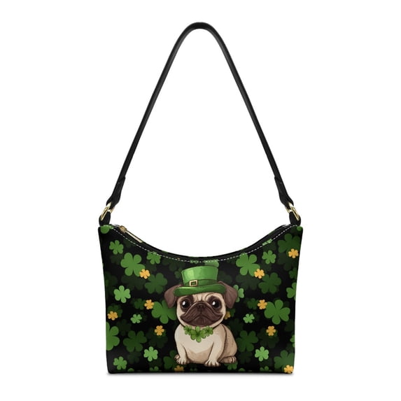 Eheartsgir PU Leather Hobo Purse Tote for Women, St. Patrick's Clover Pug Lightweight Shoulder Purse for Travel Work