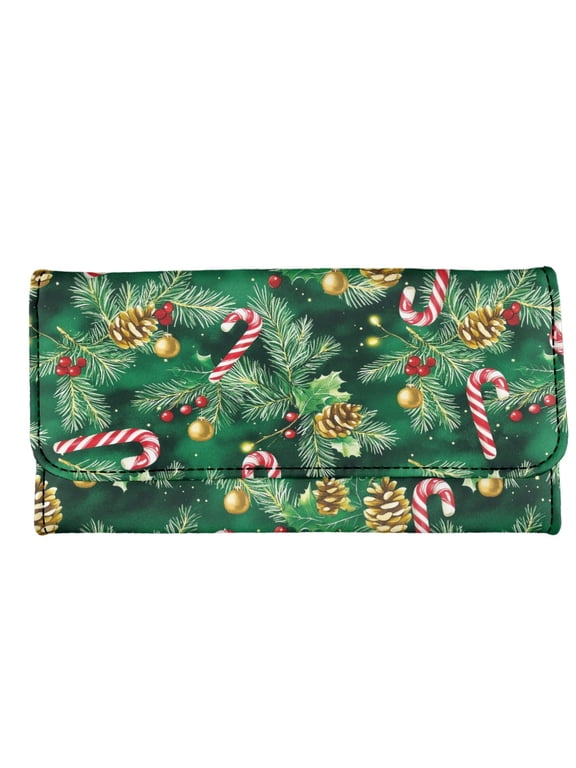 PU Leather Long Wallet with with Pocket with Zipper Pocket Women's Trifold Wallet for Travel, Christmas Candy Cane Pine Print Women's Long Wallet