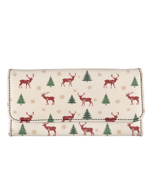 PU Leather Long Wallet with Commuter Large Capacity Trifold Wallet for Road Trips, Christmas Reindeer Pine Tree Women's Trifold Wallet