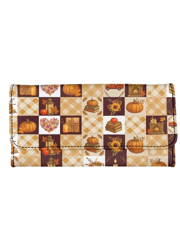 PU Leather Long Wallet with Multi Card Large Capacity Trifold Wallet for Travel, Autumn Pumpkin Patchwork Women's Trifold Wallet