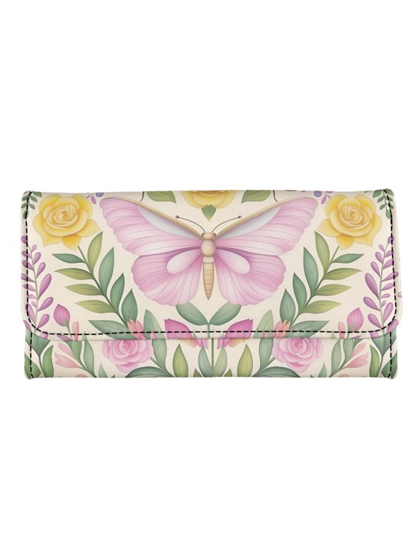PU Leather Women's Trifold Wallet with Large Capacity with Pocket Long Purse for Daily Use, Butterfly Floral Print Long Wallet