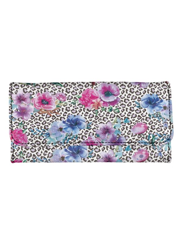 PU Leather Women's Trifold Wallet with Weekend Getaways Multi Card Long Billfold Clutch for Travel, Flower Pattern Long Wallet