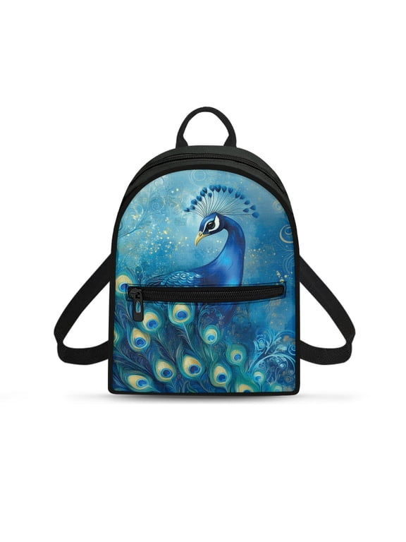 Peacock Pattern Mini Backpack with Lightweight Zipper Small Backpack for Dating, Polyester Fashion Travel Shoulder Bag for Gym