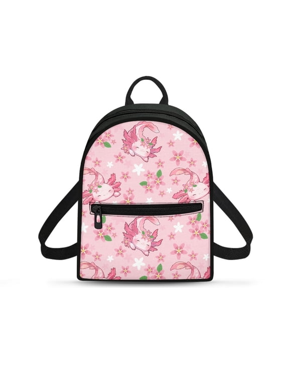 Pink Axolotl Floral Pattern Zipper Closure Small Backpack, Waterproof Lightweight Backpack Purse with Adjustable for Outdoor Sports Trip