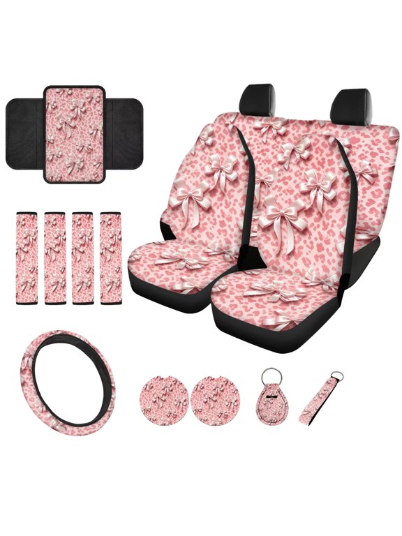 Pink Bow Leopard Car Seat Cover Full Set for Women 14Pack with Steering Wheel Cover Seat Belt Covers Center Console Cover Cup Coasters Keychain Set for Truck SUV Van