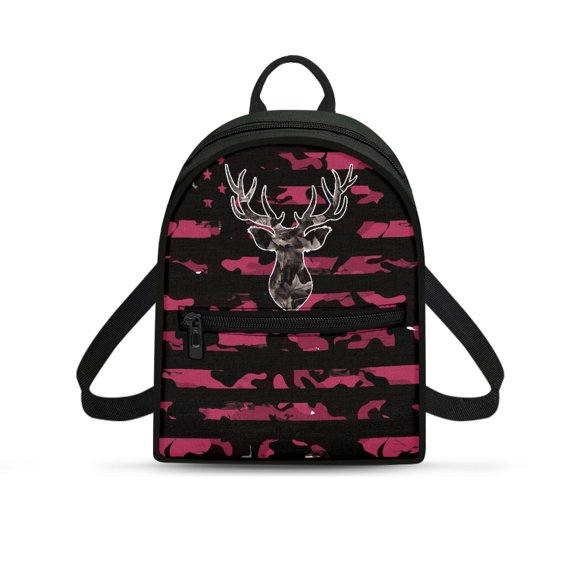 Eheartsgir Pink Camo Deer Head Womens Purse Lightweight Mini Backpack for Hiking Dating, Polyester Waterproof Small Backpack