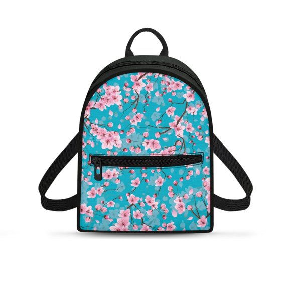 Eheartsgir Pink Cherry Blossom Print Mini Backpack, Practical Polyester Backpack Lunch Bag for Work Outdoor, Lightweight Zipper Bag