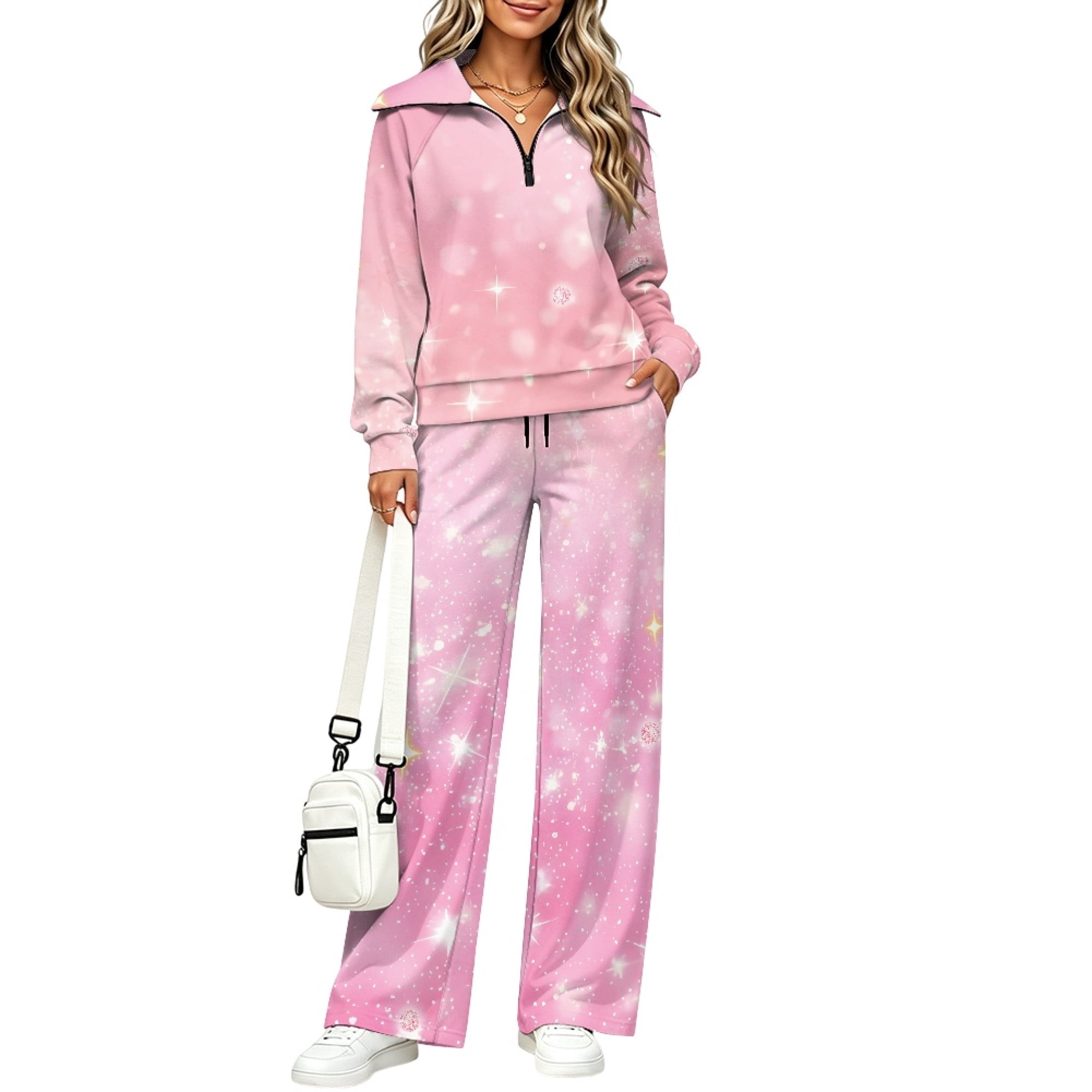 Eheartsgir Pink Glitter Star Pattern Women's 2 Piece Sweat Set, Mock ...