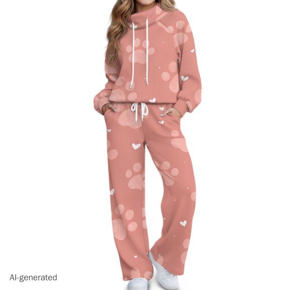 Eheartsgir Pink Paw Print Drawstring Two Piece Tracksuit, Double Sided Cloth Soft Pullover Top and Sweatpants Set for Travel Indoor