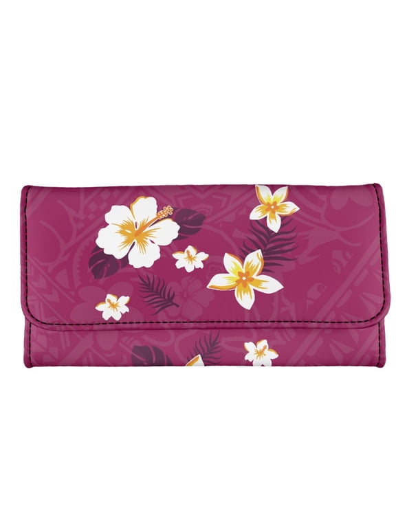Pu Leather Women Long Wallet with Large Capacity Magnetic Buckle Three Fold, Tropical Hibiscus Clutch Purse for Daily and Business Use