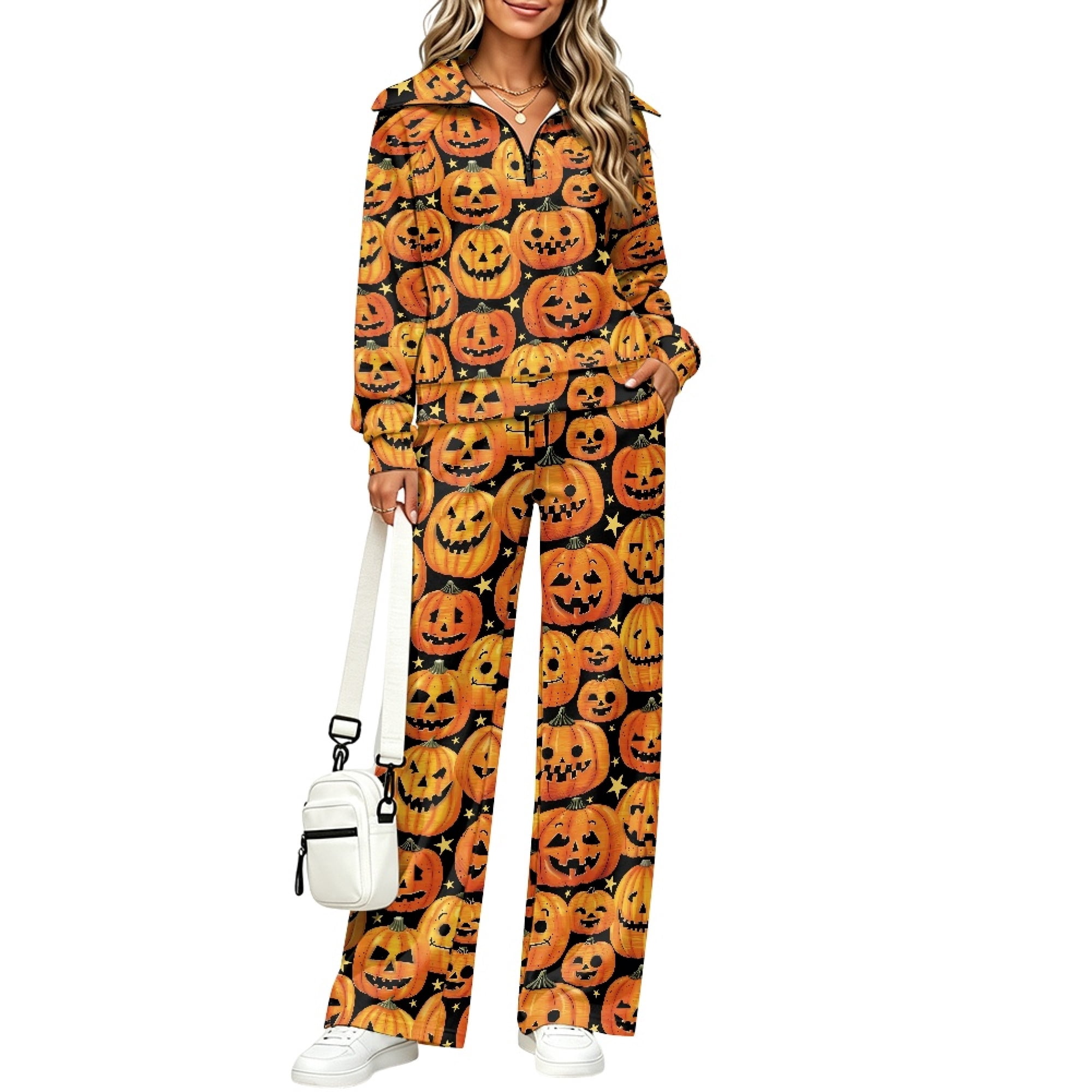 Eheartsgir Pumpkin Pattern Lounge Set, Oversized Lapel Wide Pants Half ...