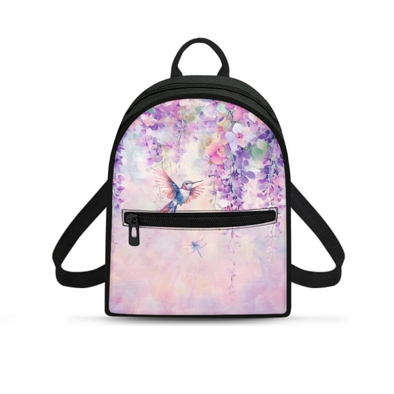 Eheartsgir Purple Floral Hummingbird Print Lightweight Small Backpack, Practical Fashion Travel Shoulder Bag with Front Pocket for Dating Hiking