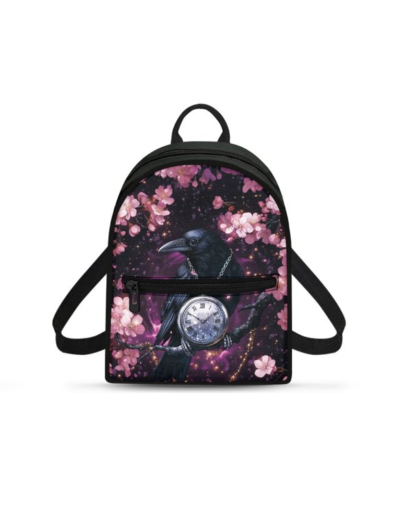 Raven Clock Pattern Design Mini Backpack for Work Travel, Zipper Closure Mini Cute Lightweight Backpack Purse Polyester Front Pocket Small Backpack