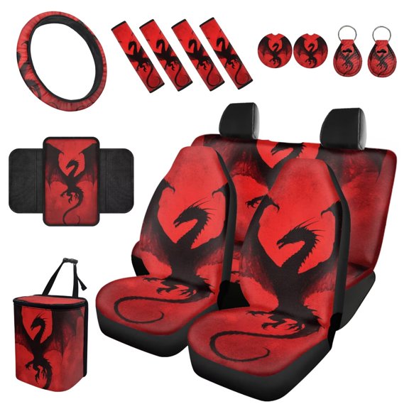 Eheartsgir Red Dragon Car Seat Cover Sets for Women 15Pack Auto Steering Wheel Cover Seatbelt Pads+Cup Coasters+Trash Can Universal Fit Car Interior Set