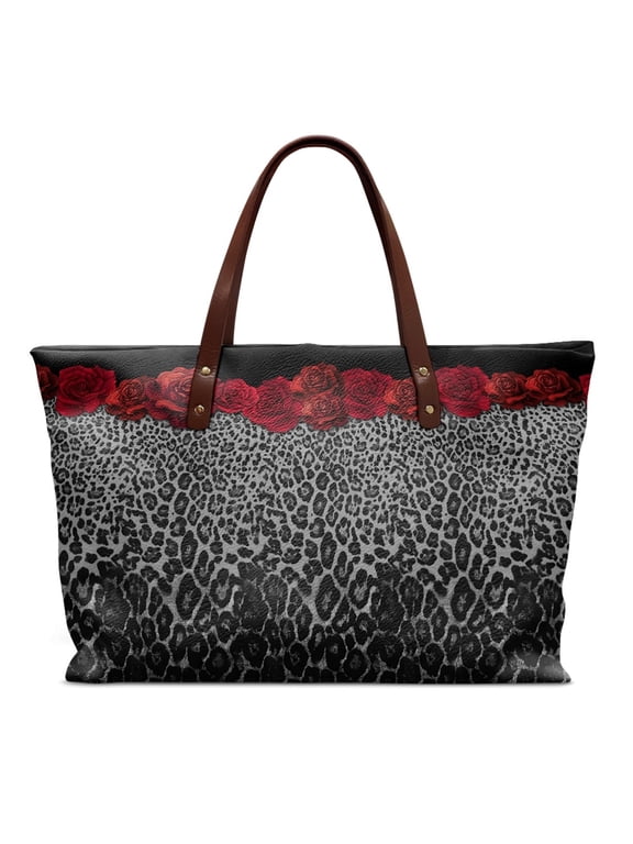 Red Roses Leopard Tote Handbag with Large Capacity Portable, Inner Pocket Top Handle Tote Bag for Excursions Travel