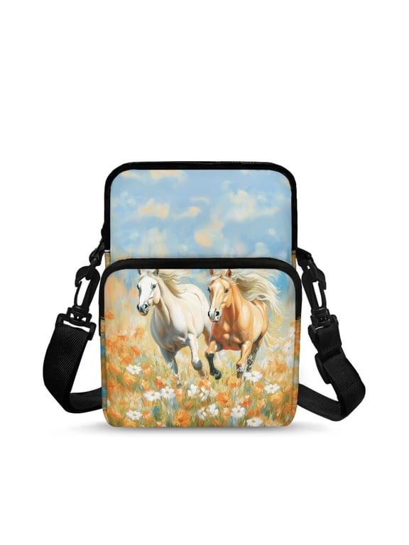 Running Horses Crossbody Shoulder Bag, Polyester Coin Purse for Unisex, Adjustable Crossbody Cell Phone Purse with Pockets for Shopping and Travel