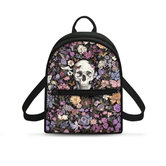 Eheartsgir Skeleton and Flower Small Backpack, Adjustable Strap Polyester Mini Backpack for Travel Daily, Lightweight Travel Backpack