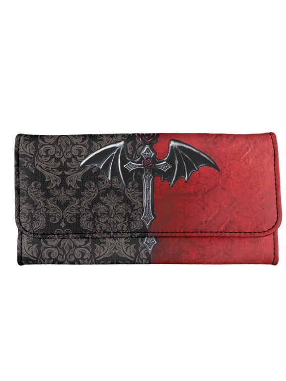 Skull Floral Blood Print Long Wallet, Leather Card Holder for Traveling, Multi Slot Dating Trifold Wallet
