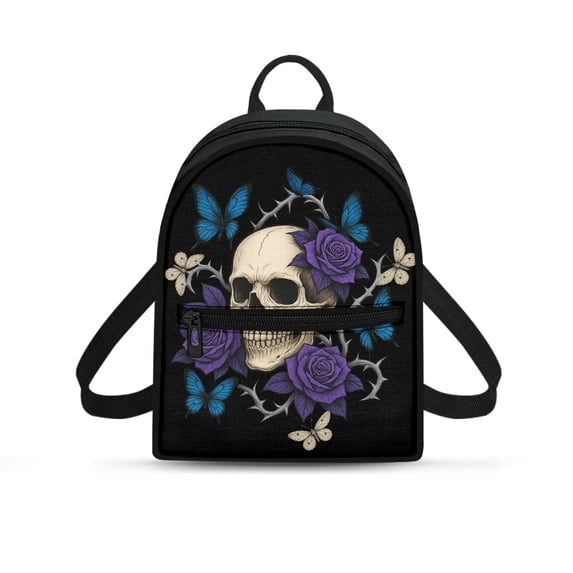 Eheartsgir Skull Purple Rose Butterfly Mini Backpack with Adjustable Strap Lightweight Small Backpack for Outdoor, Polyester Small Backpack for Women for Travel