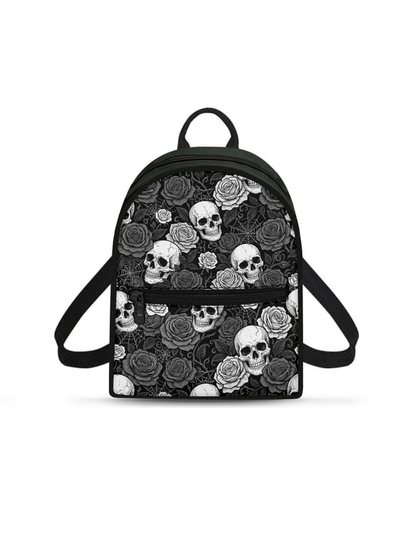 Skull Rose Gothic Pattern Mini Backpacks for Work Hiking, Lightweight Fashion Backpack for Women Polyester Adjustable Strap Back Packs