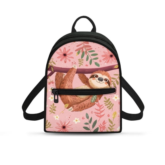 Eheartsgir Sloth Pink Leaves Casual Daypack, Zipper Closure Polyester Mini Backpack for Library Travel, Adjustable Strap Women's Travel Shoulder Bag