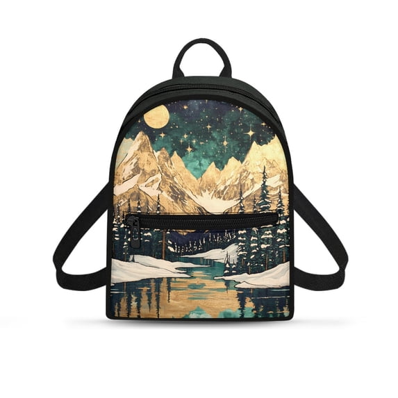 Eheartsgir Snowy Mountain Night Pattern Small Backpack for Hiking Shopping, Lightweight Zipper Back Pack Polyester Adjustable Strap Daypack Backpack