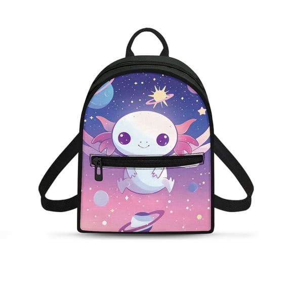 Eheartsgir Space Axolotl Print Small Backpack for Gym Travel, Lightweight Waterproof Handbag Polyester Zipper Closure Mini Backpack
