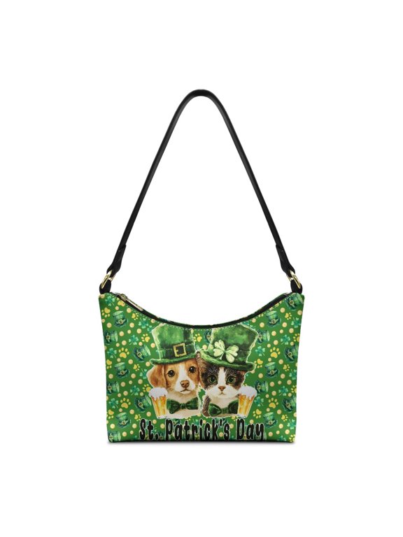 St. Patrick's Hobo Purse Tote Bag Featuring Cat Dog Clover, PU Leather Crescent Shoulder Handbag for Women Casual Travel Shopping