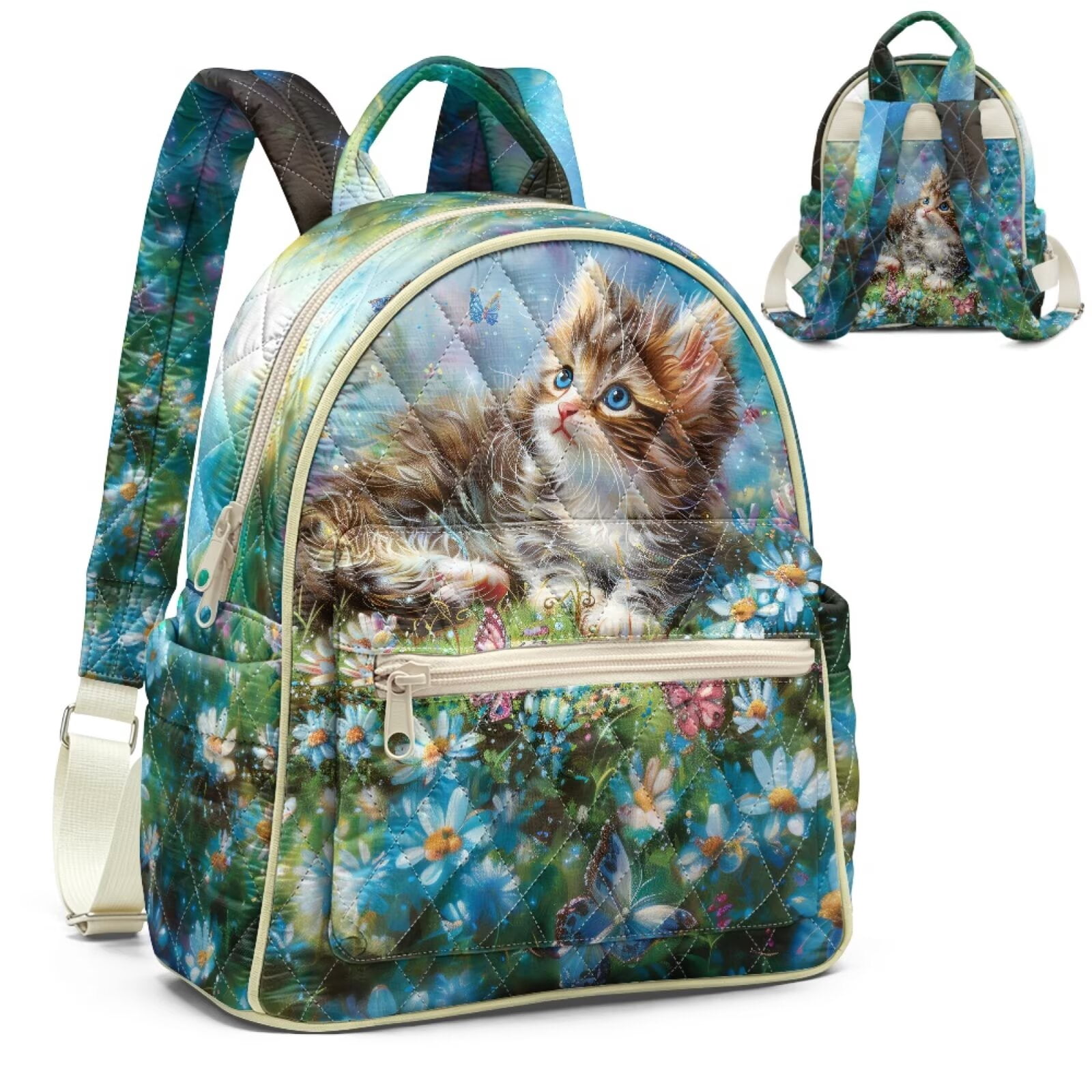 Eheartsgir Starry Night Kitten Floral Mini Quilted Backpack Purse for ...
