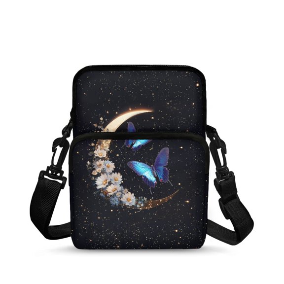 Eheartsgir Stretch Polyester Crossbody Bag Lightweight Zipper Crossbody Purse for Daily Use, Blue Butterfly Crescent Moon Crossbody Bags