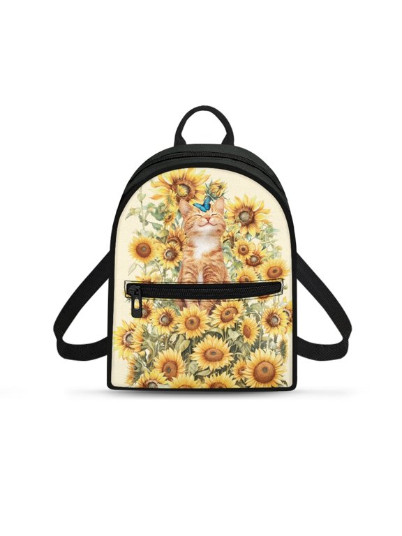 Sunflower Cat Small Backpack with Zipper Zipper Closure Mini Backpack for Outdoor, Polyester Ladies Backpack Purse for Work