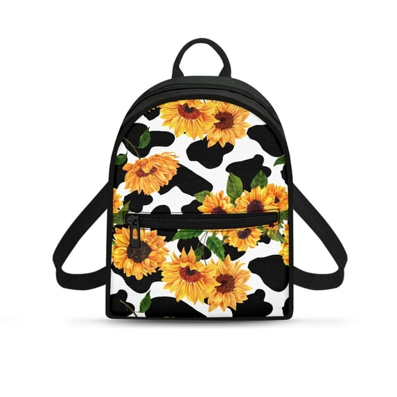 Eheartsgir Sunflower Cow Print Mini Backpack, Lightweight Polyester Small Backpack for Travel Hangouts, Multi-Purpose Ladies Shoulder Backpack