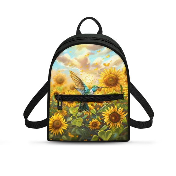 Eheartsgir Sunflower Hummingbird Pattern Zipper Cell Phone Backpack Zipper Closure Small Backpack for Gym Daily, Polyester Waterproof Mini Backpacks