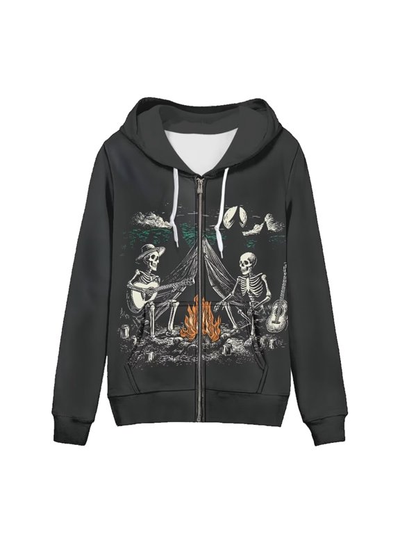 Sweatshirt Skull Camp Guitar Print Hoodie Zip-up Hooded Jacket for Women Goth Boho Pattern Pullover Tops Yoga Clothes Long Sleeve Activewear for School Sport